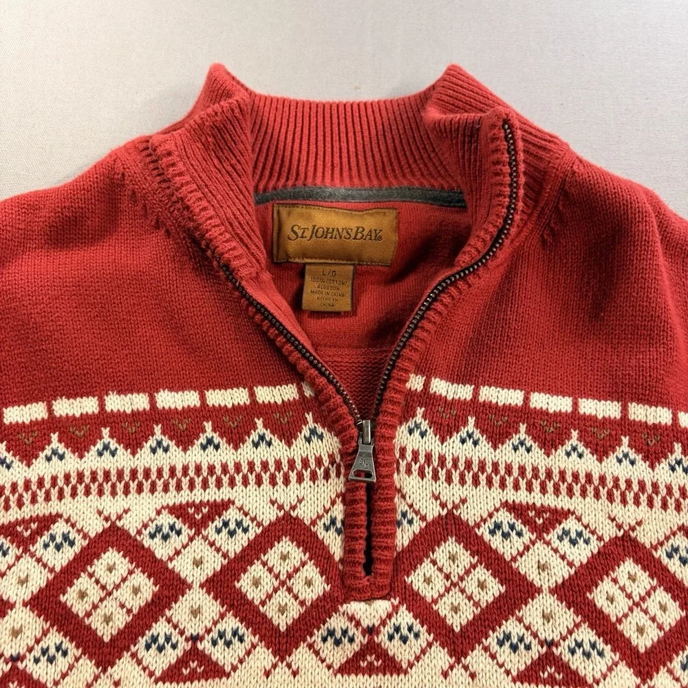 St Johns Bay Mens Large Red Fair Isle Nordic Quarter Zip Cotton Sweater